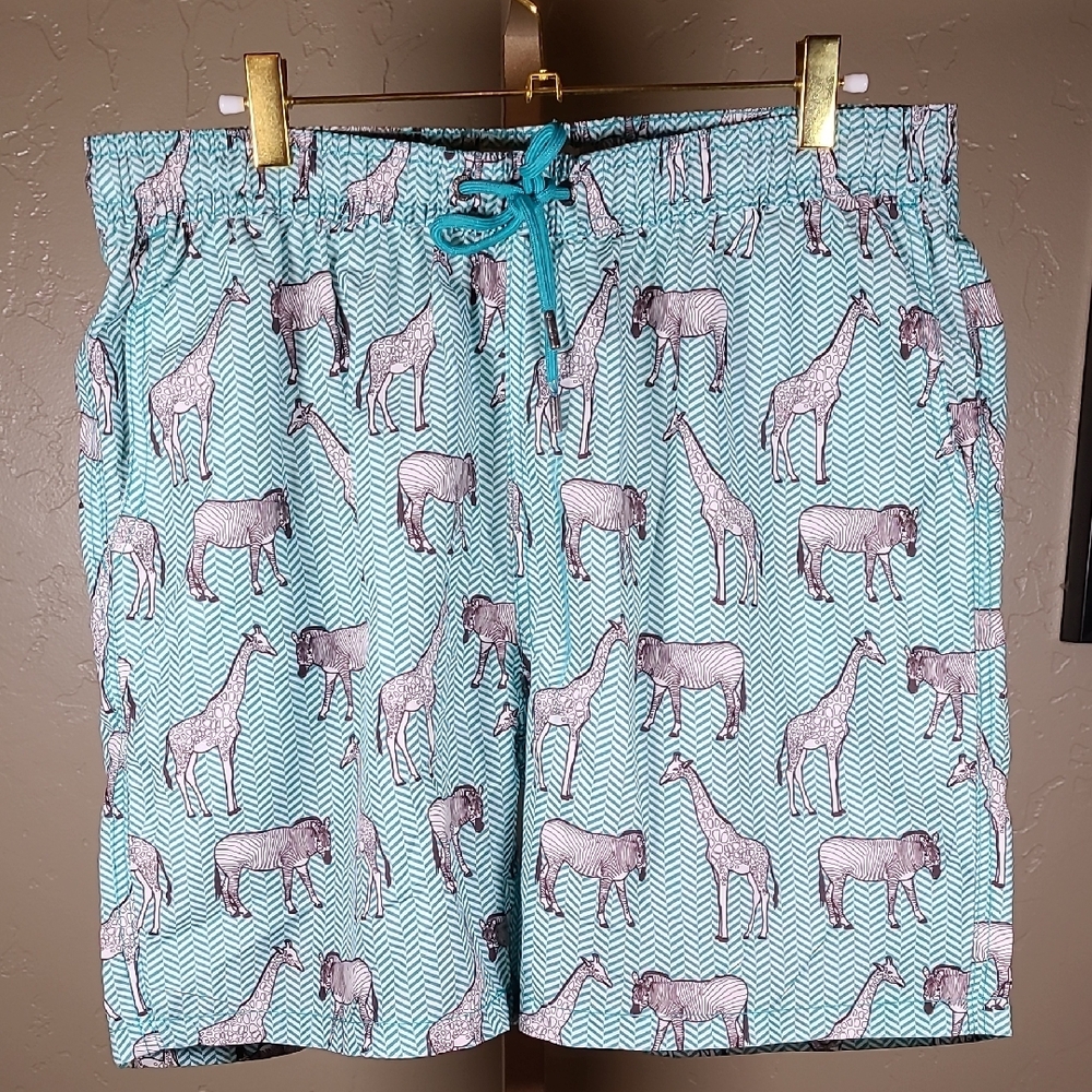 Mr. Swim Blue Safari Animal Swim Trunks Elastic Waistband Zebra Giraffe